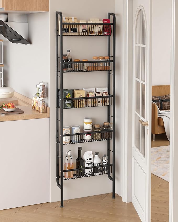 UMDONX Behind The Door Bathroom Shelf Narrow 5-Tier, Space-Saving Slim Bathroom Storage Shelf Narrow Shelving Unit for Bathroom and Kitchen Black