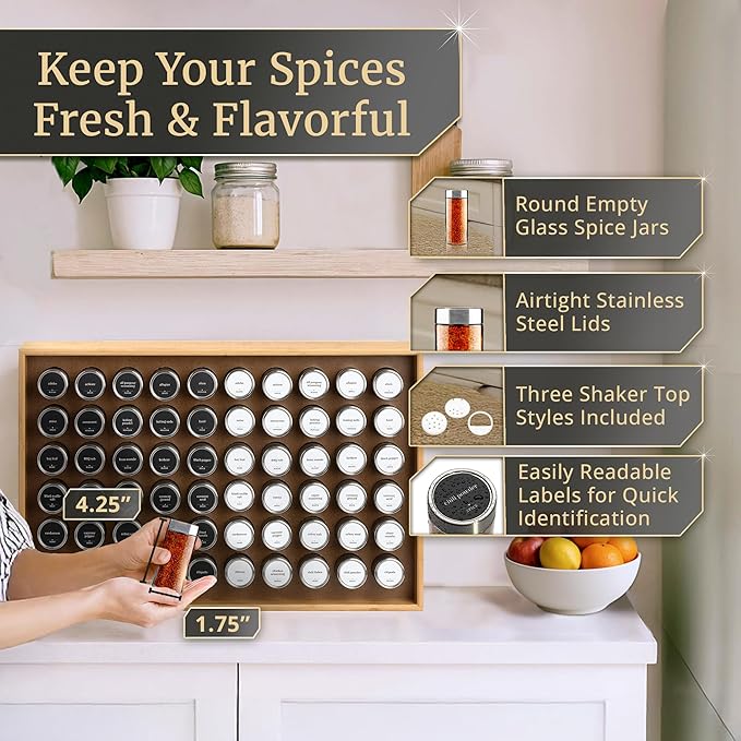 BOURBON & BARREL Wooden Spice Rack Organizer with Glass Jars | Stainless Steel Lids | Bamboo Countertop Spice Organization | 350 Waterproof Spice Labels | 2 Chalk Markers | 60 4oz Jars [Bamboo]