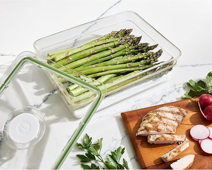iDesign Large Fridge Produce Bin with Removable Drainage Tray and Lid - Set of 4 - Clear/White