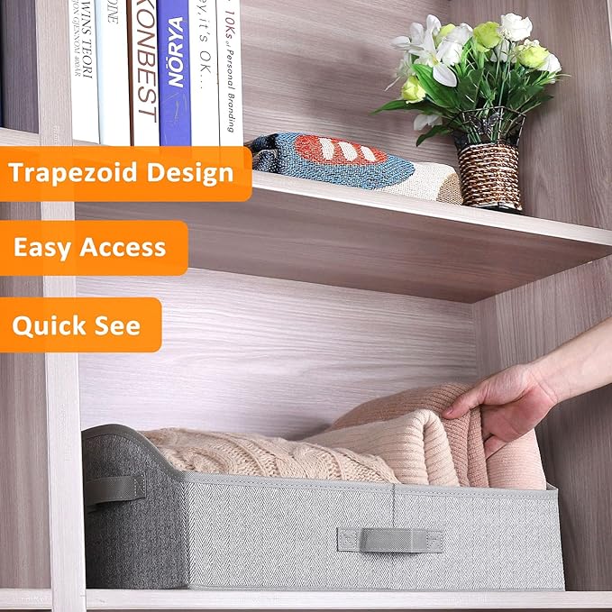 WUIKE Closet Organizers and Storage, Trapezoid Storage Bins, Fabric Closet Baskets with Handles, Clothing Bins for Shelves, Foldable Storage Baskets for Clothes, Herringbone Gray, Extra Large, 3-Pack