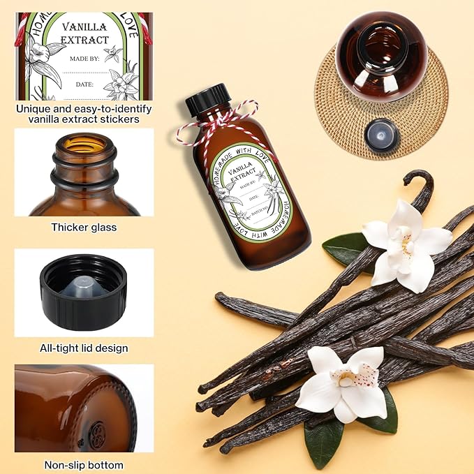 12 Pack 8 oz Vanilla Extract Bottles with Black Poly Cone Caps and 12 Pcs Vanilla Extract Stickers 240ml Boston Round Sample Bottles for Syrup Gift Glass Food Storage Canister Set Sauce Beans(8oz)