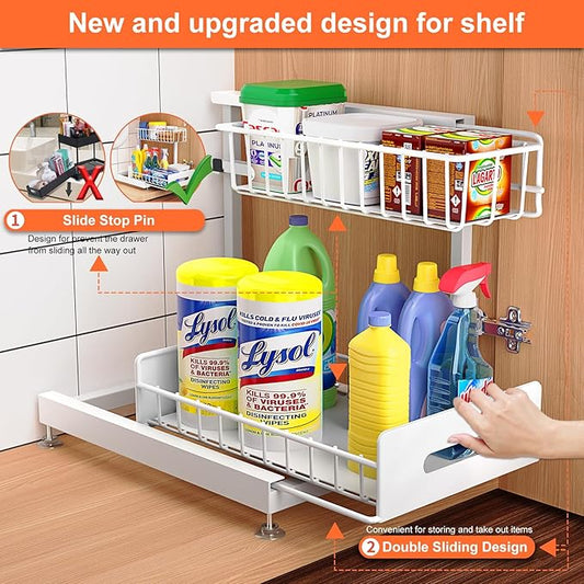 Dataroad Under Sink Organizers And Storage Pull Out Cabinet Organizer 2 Tier Sliding Out Drawer,Under Kitchen Sink Organizer Shelf,Adjustable Counter Organization for Kitchen Pantry Cabinet,White
