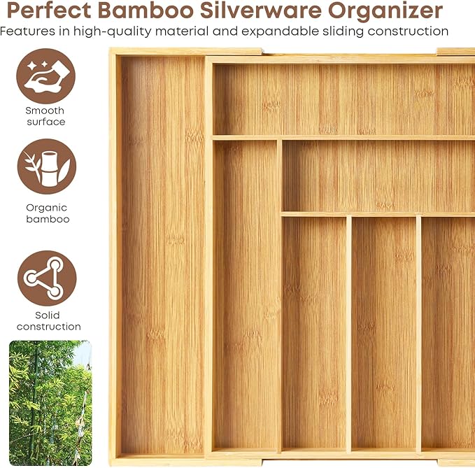 Bamboo Drawer Organizer Expandable Silverware Organizer, Drawer Dividers，Adjustable Utensils Holder Cutlery Tray for Kitchen Utensils and Flatware