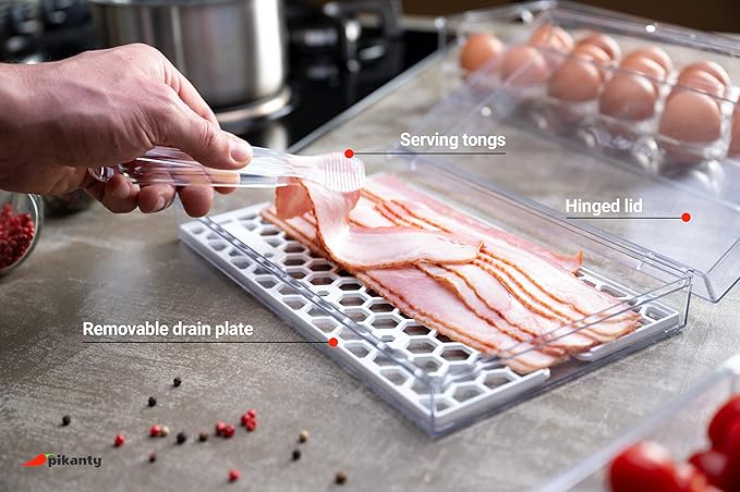 Bacon Container for Refrigerator | Fridge Storage and Deli Meat Keeper with Food Serving Tongs and Drain Plate | Dishwasher Safe | Made in USA