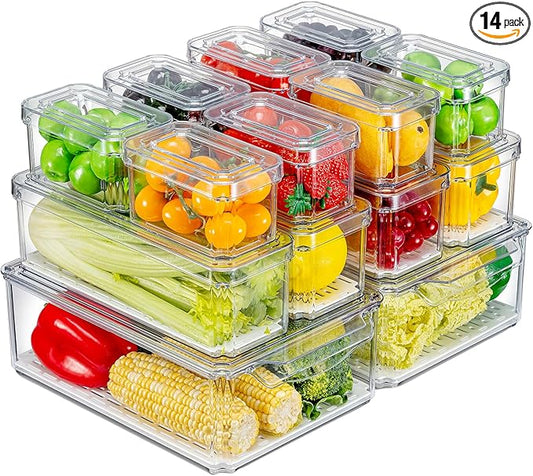 14-Pack Fridge Organizer – Stackable Refrigerator Storage Bins with Lids – BPA-Free Clear Fruit Storage Containers for Vegetables, Food & Drinks