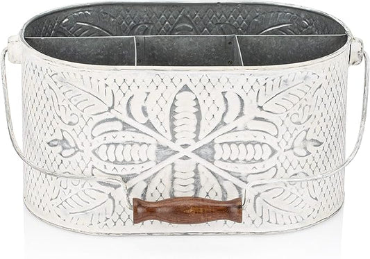 CRAFTSMAN ROAD Distressed White Metal Caddy – Farmhouse Galvanized Kitchen Organizer with Handle – Vintage Rustic Multi-Compartment Holder for Napkins, Plates, Cutlery, Flatware, Cleaning Supplies