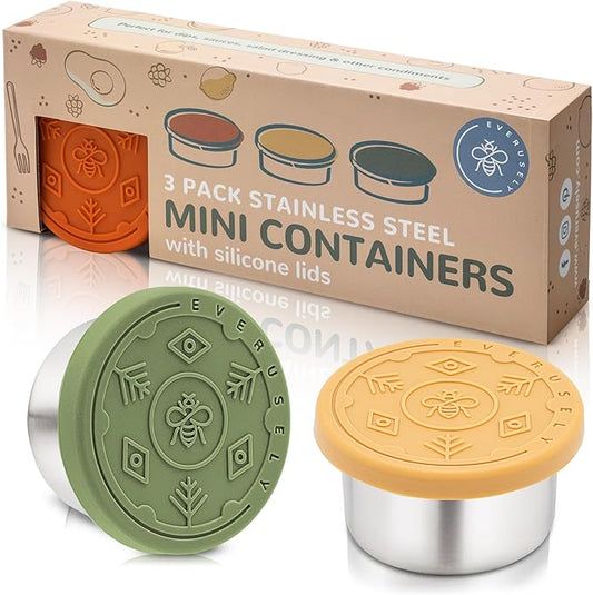 Everusely Condiment Cups - 3 Pack, 1.7 oz, Muted, Stainless Steel - Condiment Containers with Lids - Reusable Salad Dressing Container To Go - Sauce & Dip Cup for Lunchbox, Meal Prep