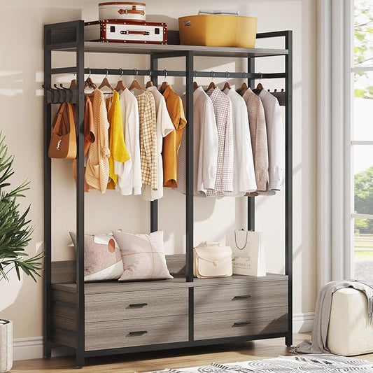 Tribesigns Freestanding Closet Organizer for Hanging Clothes, Heavy Duty Garment Rack with 4 Drawers, 8 Hooks and Storage Shelves, Wardrobe Closet Clothing Rack for Bedroom, Living Room, Grey