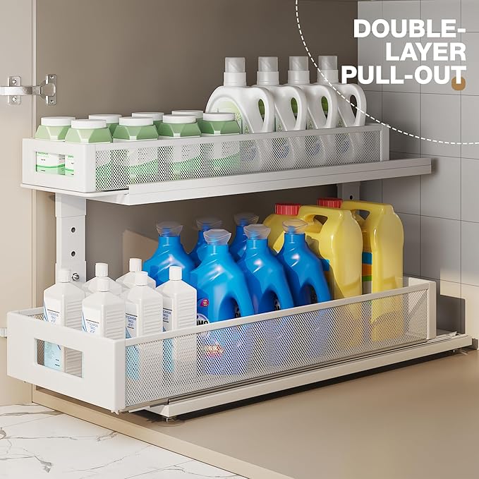 2 Pack 21.3IN-Depth Under Sink Organizer With Next-Gen Ball-Bearing Slides,2-Tier Pull Out Cabinet Storage,Height Adjustable Drawer Shelf for Bathroom,Kitchen,Laundry,Cabinet,Pantry-White