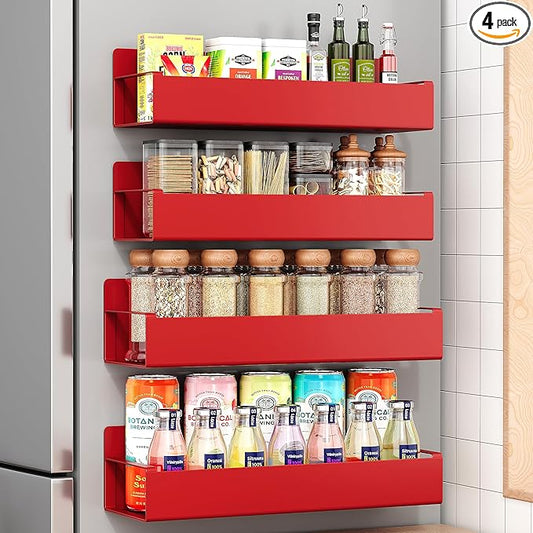 4 Pack Moveable Fridge Magnetic Spice Racks,Metal Red