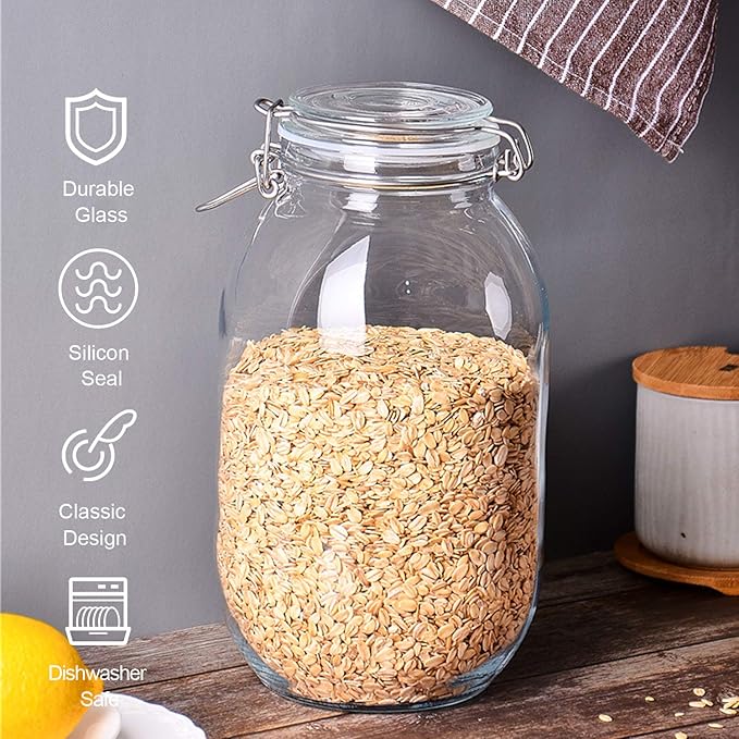 100oz/3000ml Glass Kitchen Storage Canister, Sealed Glass Jars with Lids, Airtight Glass Canister with Hinged Lid, Perfect for Kitchen Canning Cereal/Pasta/Sugar/Beans -Set of 2