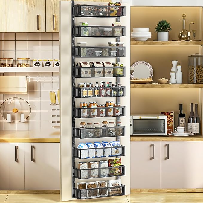 10-tier Over The Door Pantry Organizer with Mesh Baskets, Adjustable & Stable Hanging Spice Rack for Kitchen, Bathroom, Bedroom, and Baby Essentials Storage (16" W 10-Tiers, Black)