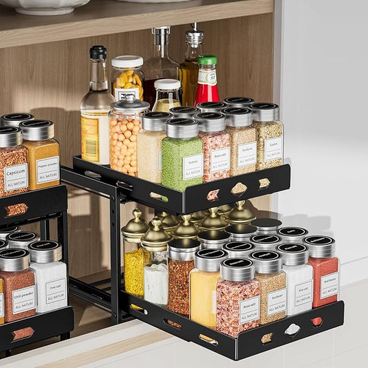 RCHYFEED Pull Out Spice Rack Organizer for Cabinet, 2-Tier Heavy Duty Slide Out Spice Rack for Inside Cabinets & Pantry, Kitchen Seasoning Organizer Vertical Spice Racks,9.5" Wx10.8 Dx9.7 H,Black