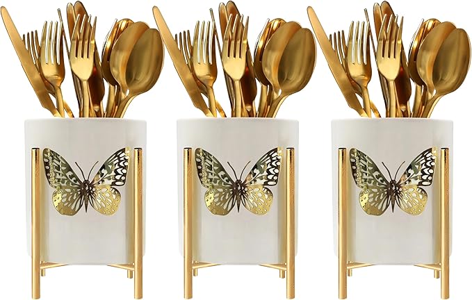 Kitchen Utensil Holder,White Ceramic Silverware Caddy With Golden Metal Frame Chic & Modern Kitchen Cooking