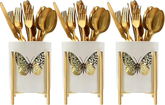 Kitchen Utensil Holder,White Ceramic Silverware Caddy With Golden Metal Frame Chic & Modern Kitchen Cooking