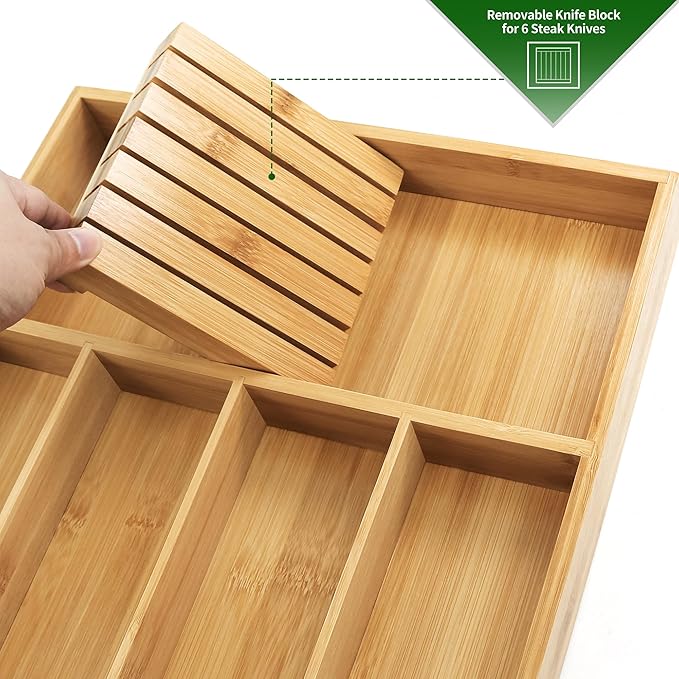 VaeFae Bamboo Silverware Organizer, Utensil Holder for Drawer, Wooden Cutlery Tray with Divider for Kitchen Drawer, Utensil Organizer with Knife Block
