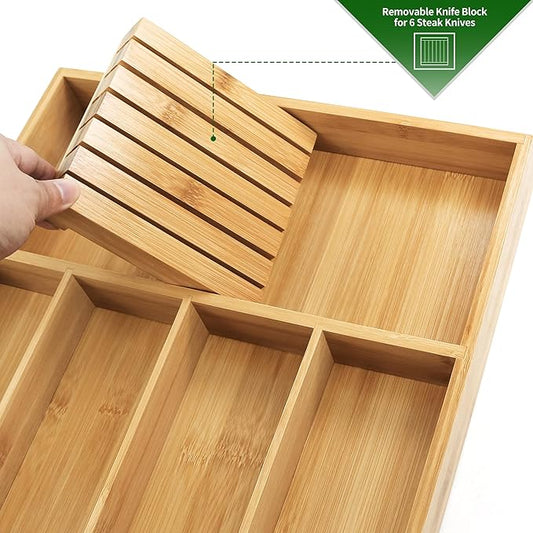 VaeFae Bamboo Silverware Organizer, Utensil Holder for Drawer, Wooden Cutlery Tray with Divider for Kitchen Drawer, Utensil Organizer with Knife Block
