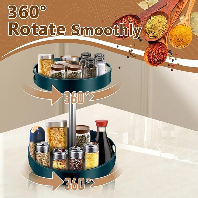 Rack Lazy Susan Organizer, 2 Tier Height Adjustable Rotating Lazy Turntable Organization for Cabinet Kitchen Table Pantry Countertop Refrigerator Cupboard Storage(Green, 12 inch)