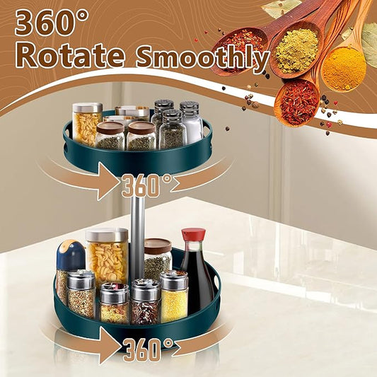 Rack Lazy Susan Organizer, 2 Tier Height Adjustable Rotating Lazy Turntable Organization for Cabinet Kitchen Table Pantry Countertop Refrigerator Cupboard Storage(Green, 12 inch)