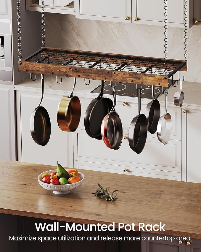 Hanging Pot Rack, Ceiling Wall Mounted Pot Rack for Kitchen, Industrial Style Pot Hanger with 18 Hooks, Cookware Storage Organizer, for Pots and Pans, Rustic Brown and Black TPR12BFC1