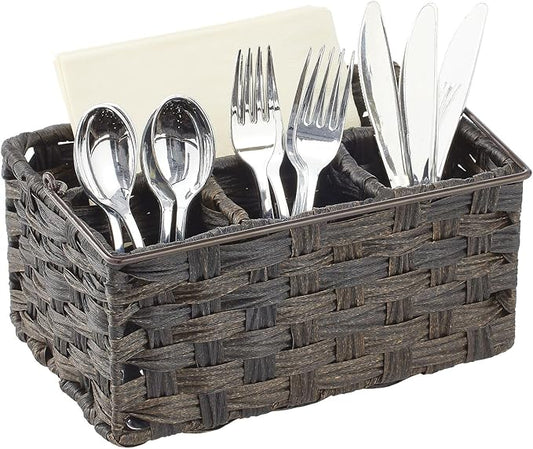 mDesign Plastic Woven Divided Cutlery Storage Organizer Caddy Tote, Basket Holder for Kitchen Table, Cabinet, Pantry, Hold Silverware, Forks, Knives, Spoons, Napkins and other Utensils, Espresso Brown