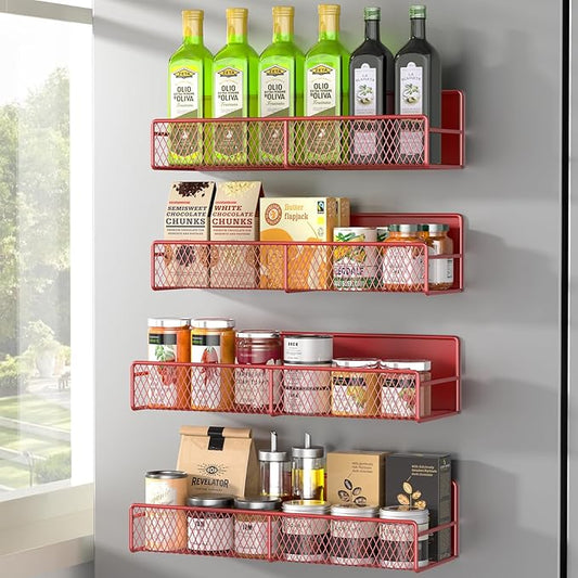 Magnetic Spice Rack for Refrigerator, 4 Pack Metal Magnetic Shelf, Super Magnetic Spice Organizer, Moveable Space Saving Shelves for Home, Durable Kitchen Organization and Storage Racks, Red