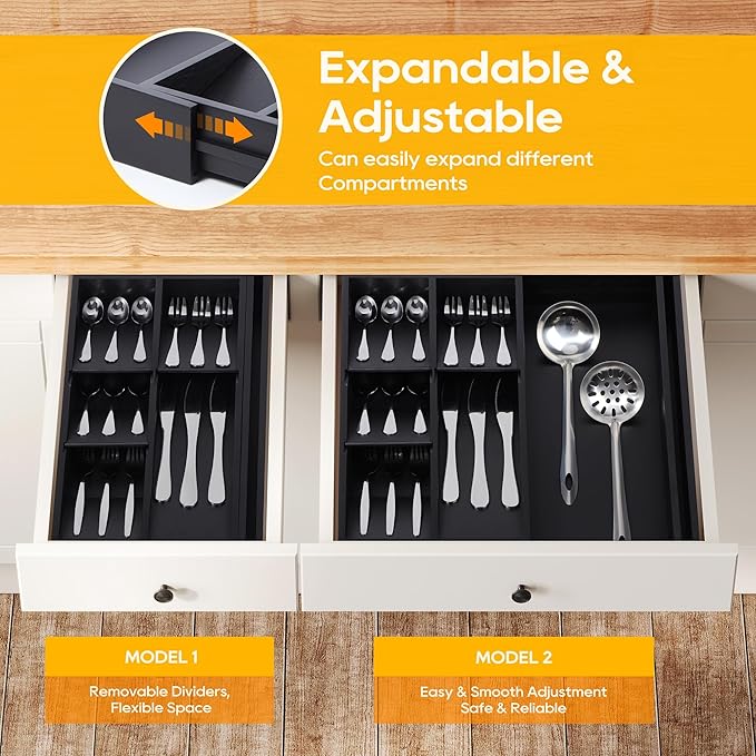 Bamboo Expandable Silverware Drawer Organizer Tray, Removable Dividers Kitchen Utensil Tray for Different Dimension Flatware, Spoons, Forks, Knives (Black,7 Slots)