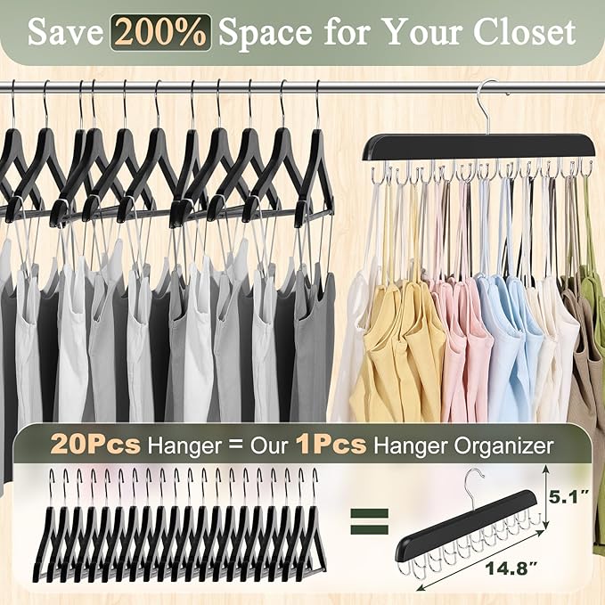 2 Pack Bra Hangers for Closet Organizer, Round Rectangle Bra Organizer with 40 Stainless Steel Hooks, Wooden Tank Top Hanger, Closet Organizers and Storage for Bras Camis Belts Ties, Black