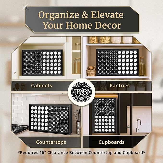BOURBON & BARREL Wooden Spice Rack Organizer with Glass Jars | Stainless Steel Lids | Bamboo Countertop Spice Organization | 350 Waterproof Spice Labels | 2 Chalk Markers | 60 4oz Jars [Black]