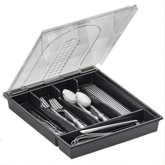 Silverware Container with Removable Lid, Countertop silverware holders Plastic Silverware Tray for Drawer, 5 Compartments Flatware Organizer (Grey)