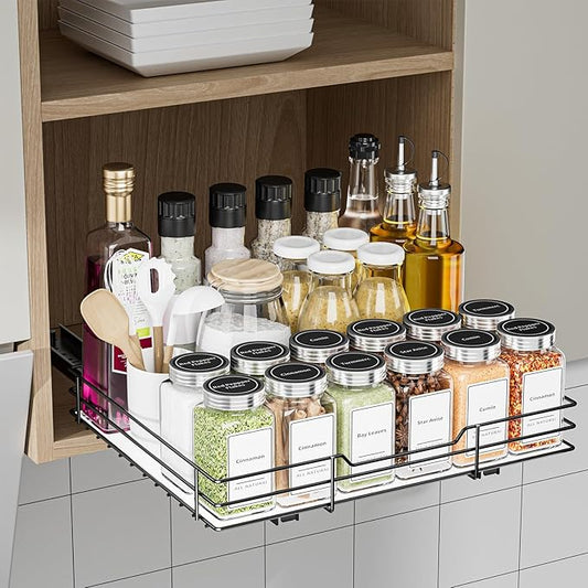 Spice Rack Organizer for Cabinet, Pull Out Spice Rack for Cabinet, Seasoning Organizer for Kitchen and Pantry, Fits Spices, Sauces, Canned Food (12.5''Wx10.5''Dx2.5''H)