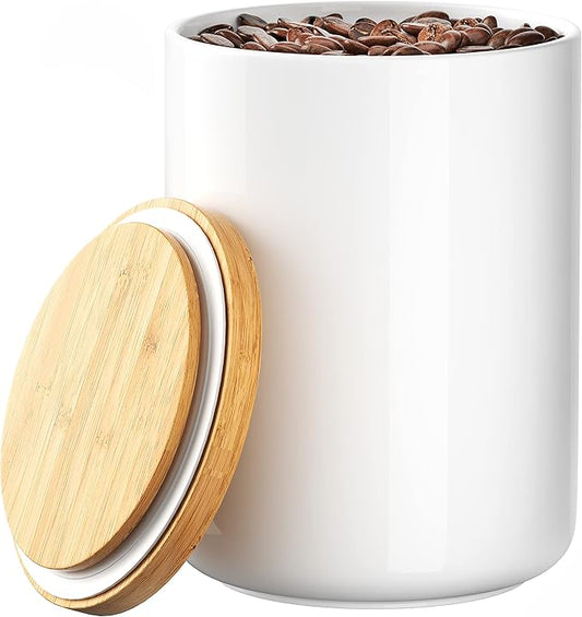 White Ceramic 1050mL 4 cup Food Storage Jar Canister with Airtight Bamboo Lid and Silicone Seal Container for Counter - Great for Coffee Sugar Treat Snack Treats for Dog Cat Rawhide Milkbone (White)