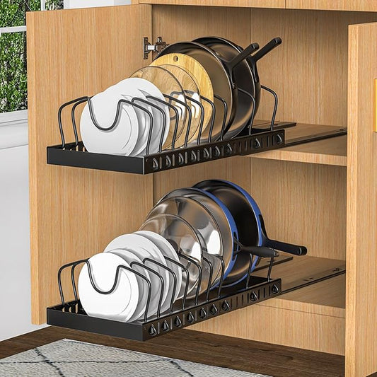 Pots and Pans Organizer Under Cabinet, 8-Tier Sliding Adjustable Pan Organizer Rack and Pot Lid Holder, Pull out Pot Lid Organizer for Cabinet, Kitchen Cabinet Organization and Storage (2pcs-Black)