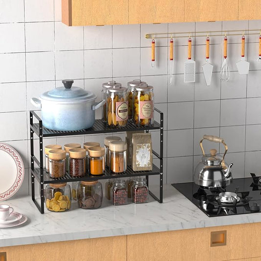 Cabinet Shelf Organizer Expandable Spice Rack Stackable Countertop Organizer Shelves for Cabinet Pantry Counter Cupboard Inside Cabinet,Kitchen Under Sink Storage Shelf Rack,Black,2 Packs