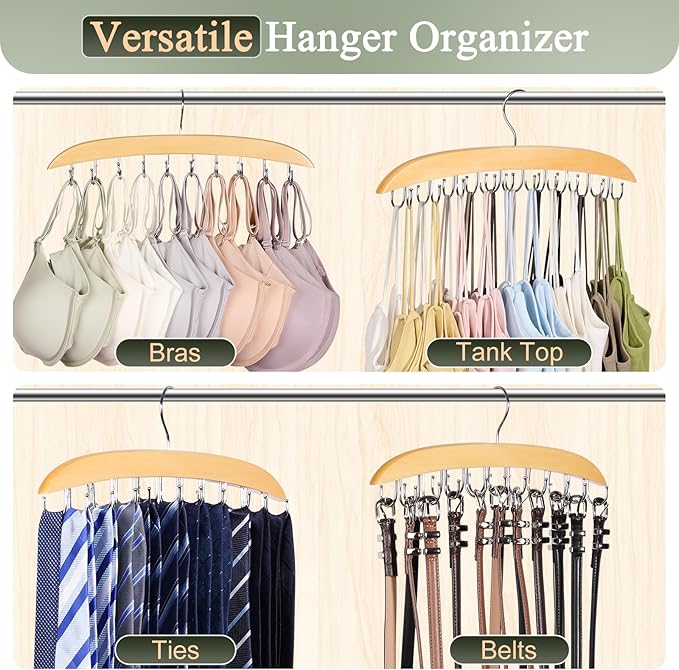 2 Pack Bra Hangers for Closet Organizer, Bra Organizer with 40 Stainless Steel Hooks, Wooden Tank Top Hanger, Closet Organizers and Storage for Bras Camis Belts Ties, Natural