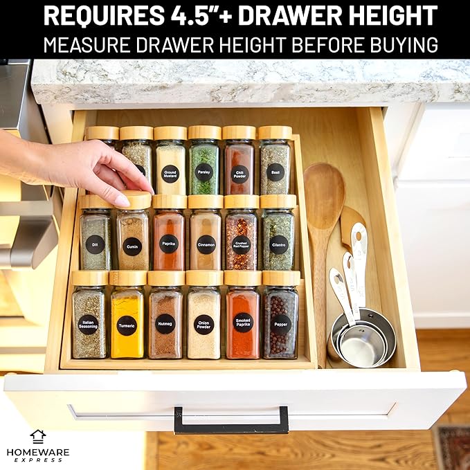 Extra Sturdy 3-Tier Bamboo Spice Rack – 12" W x 10" D x 13" H – Foldable Non-Slip Wooden Spice Organizer for Countertop, Cabinet & Drawer – Includes Labels, Funnel & Hooks