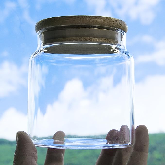 17.6 fl oz Glass Storage Containers With Lids, Candy Jar, Food Storage for Kitchen Counter, Pantry, Decorative Container for Coffee, Sugar, Tea, Cute Glass Jar (Bamboo 17.6 FL OZ)