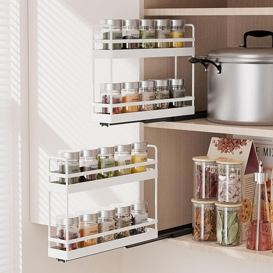 Finnhomy Pull Out Spice Racks for Inside Cabinets, Whole Metal Manufacturing, Vertical Spice Rack Pull Out, Spice Organizer, 2.16" W × 10.39" D × 9.76" H, 2 Drawers & 2 Tiers, 2 Pack, Light Gray