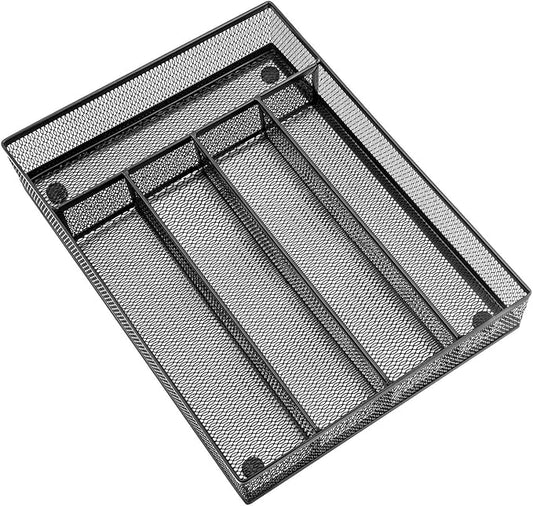 HaWare Utensil Drawer Organizer, Mesh Wire Silverware Organizer Divider for Kitchen, Stainless Steel Cutlery Flatware Storage Tray with Non-Slip Foam Feet, 5 Compartment, 12.5 x 9.2Inch, Black