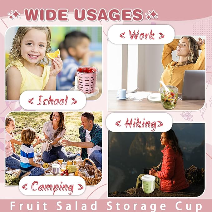 20oz Fruit Salad Storage Cup with Lids and Fork, Reusable Plastic Fruit Storage Containers for fridge with Drain Baskets, BPA-Free & Leak-Proof, Keep Fruits, Vegetables Fresh Longer (Pink)