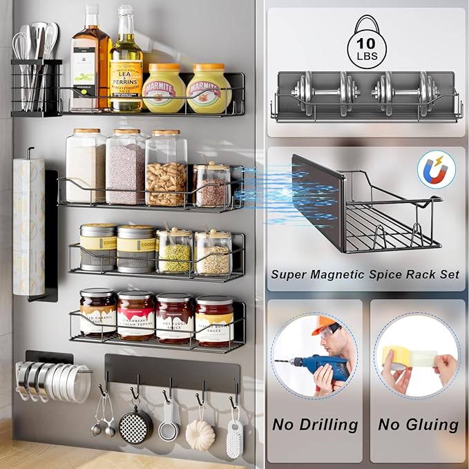Magnetic Spice Rack for Refrigerator,8 Pack Magnetic Fridge Shelf, Moveable Spice Organizer with Hook Rack, Paper Towel Holder, Utensil Holder,cup lid holder, Super Magnetic Rack Set (Black)