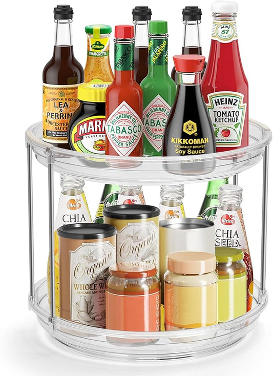 2-Tier Lazy Susan Turntable Organizer, 9.2'' Spice Rack for Cabinet, Rotating Medicine Cabinet for Condiment, Pill Bottle, Kitchen Pantry, Countertop, Bathroom, Makeup