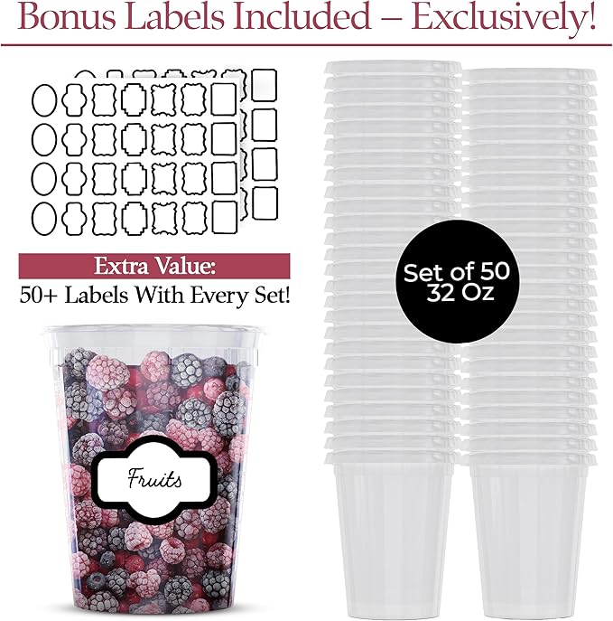 [50 Sets] 32 oz Deli Containers with Lids & Two (2) Label Sheets - Leakproof BPA-Free Plastic, Reuseable & Stackable Deli Containers with Lids 32 oz - Freezer and Dishwasher Safe (50)
