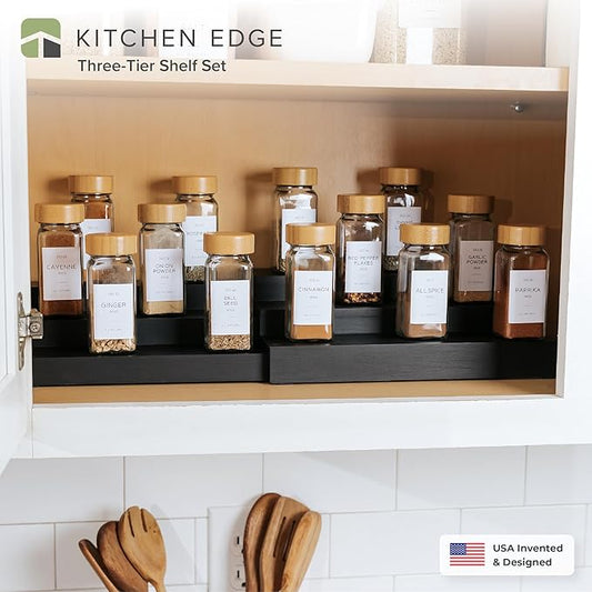 Expandable Spice Rack Organizer for Cabinet, 3-Tier Shelf for Spice Organization (11” to 22”), Fits 36 Spice Jars, Seasoning and Pantry Storage, Non-Slip Feet, 100% Bamboo, Black Finish