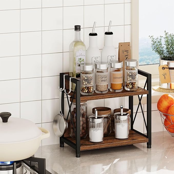Snughome Kitchen Countertop Organizer,2 Tier Spice Rack Organizer for Countertop,Wood Kitchen Counter Shelf Organizer with Hooks (Rustic Brown,Small)