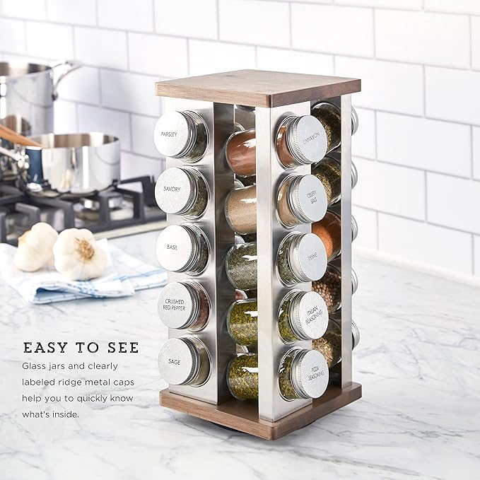 Kamenstein 20 Jar Vintage Revolving Countertop Spice Rack Organizer with Spices Included, FREE Spice Refills for 5 Years, Wood and Stainless Steel with Metal Caps