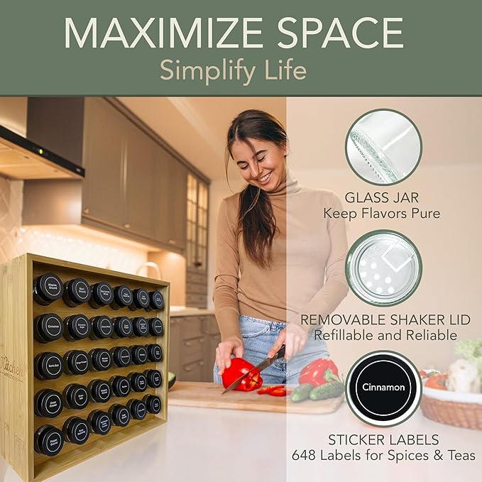 | Bamboo Spice Rack Organizer | 30 4 oz Spice Jars | 720 Labels | Funnel | Cabinet | Countertop | Pantry | Wall Mount