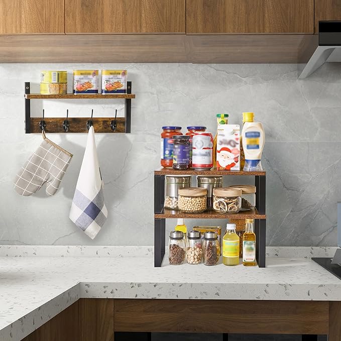 YMYNY Cabinet Shelf Organizer, Countertop Shelves Set of 2, Kitchen Spice Racks, Stackable, Storage Racks for Cupboard, Sink, Pantry, Bathroom, Rustic Brown, Metal, UHSR002H