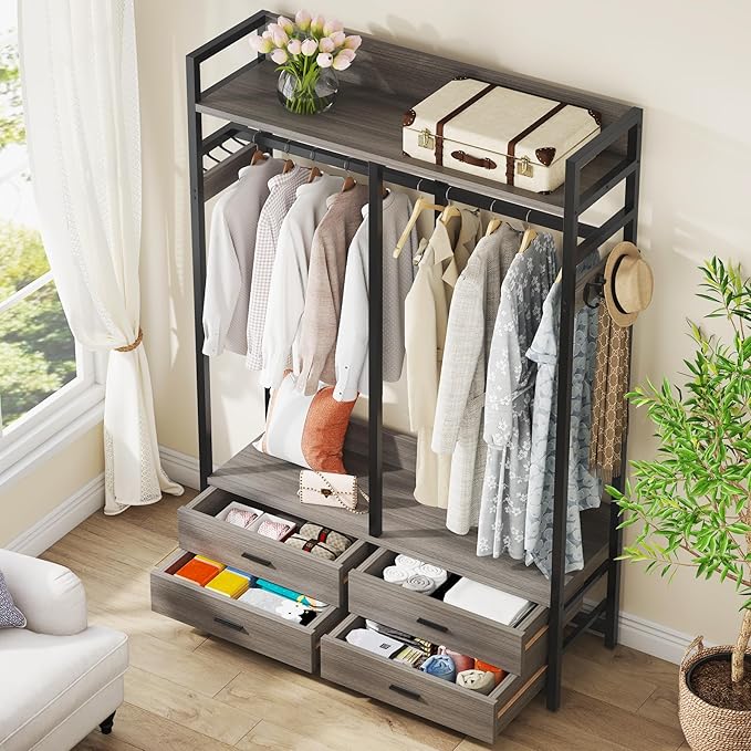Tribesigns Freestanding Closet Organizer for Hanging Clothes, Heavy Duty Garment Rack with 4 Drawers, 8 Hooks and Storage Shelves, Wardrobe Closet Clothing Rack for Bedroom, Living Room, Grey
