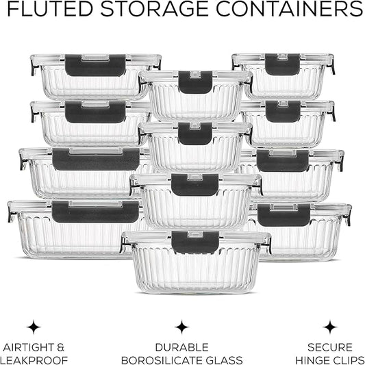 JoyJolt 24pc Fluted Glass Storage Containers with Lids. 12 Airtight, Freezer Safe Food Storage Containers, Pantry Kitchen Storage Containers, Glass Meal Prep Containers for Lunch